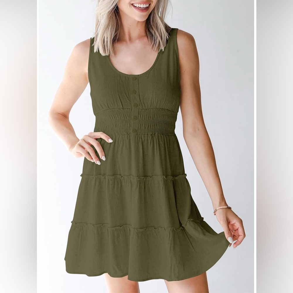 Dokotoo Olive Green Smocked Sleeveless Dress